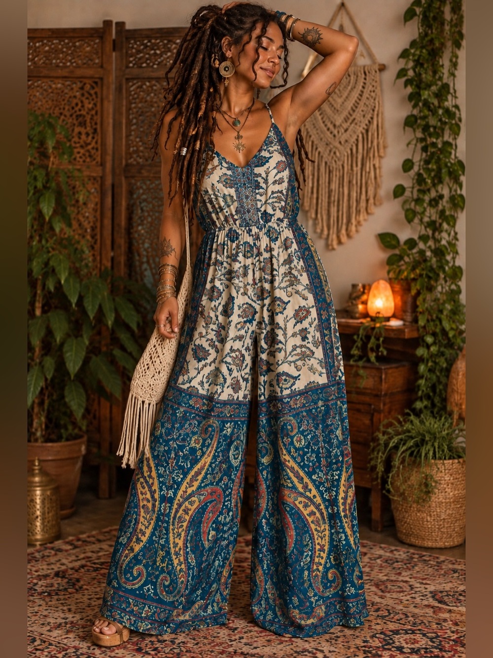 Earthbound Trading Co Paisley Palazzo Jumpsuit L Boho Wide Leg